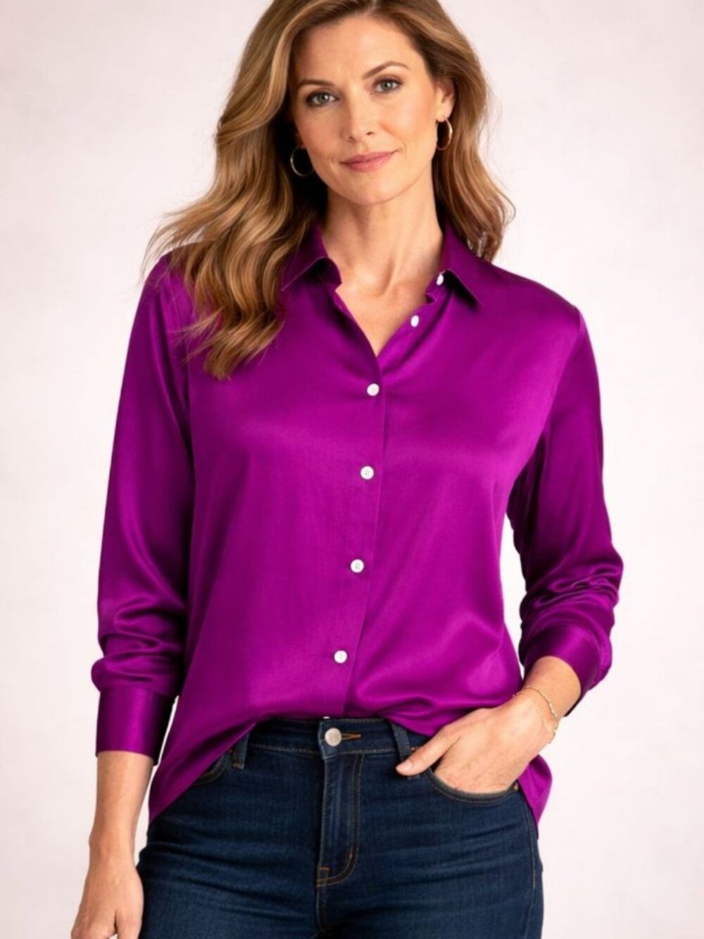 J Jill Womens Satin Button Front Shirt Purple Sugar Beet Long Sleeve Size S
